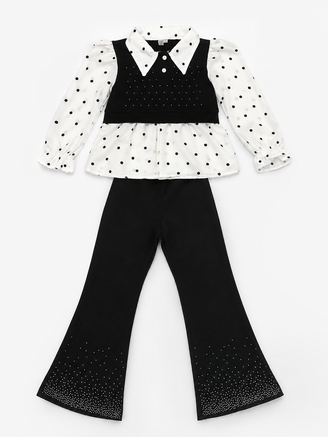Chic Polka Dot Girl's Outfit - Rhinestone Flared Pants