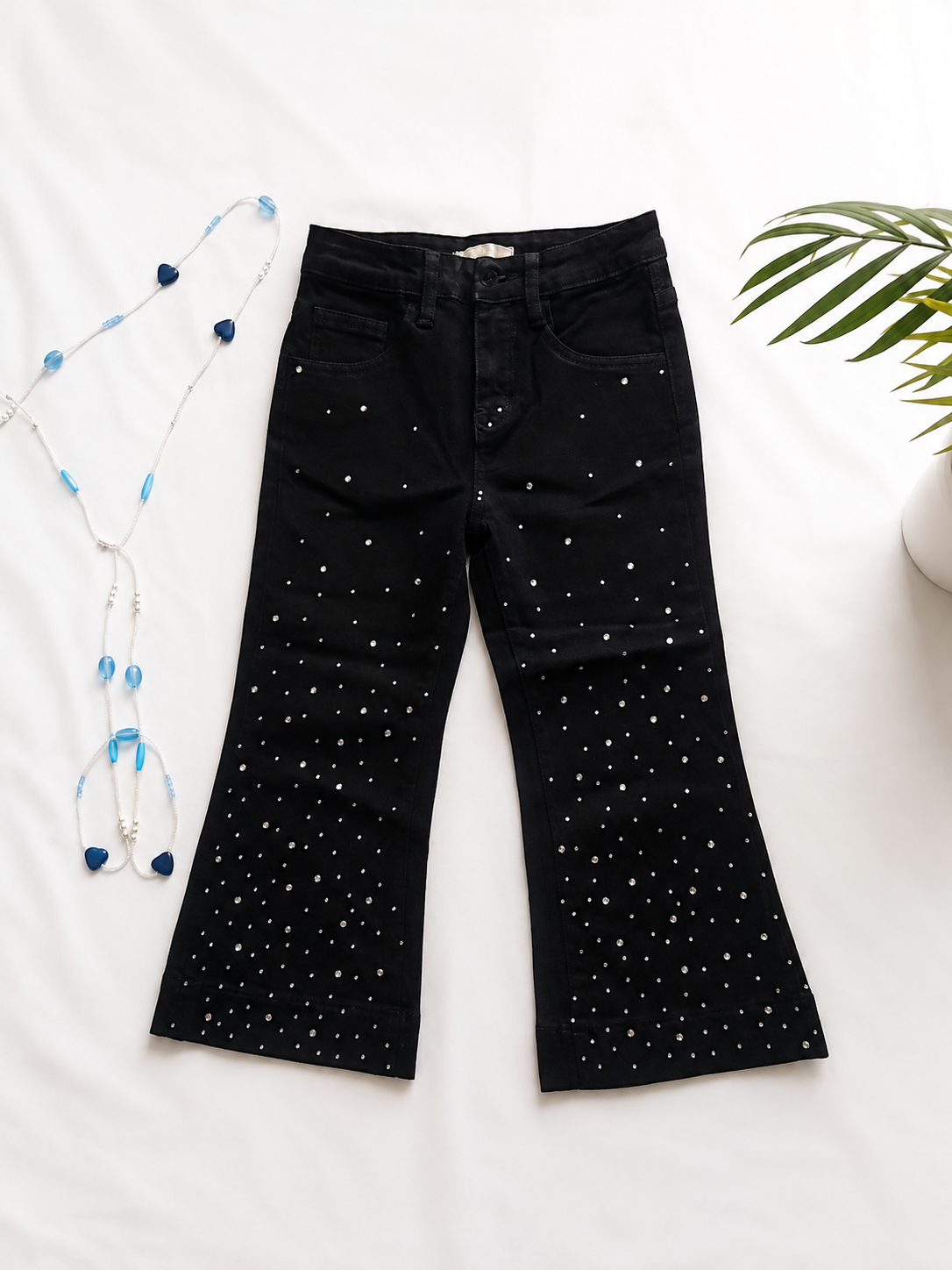 Jean noir à strass pour fille - Coupe évasée