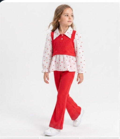 Chic Polka Dot Girl's Outfit - Rhinestone Flared Pants