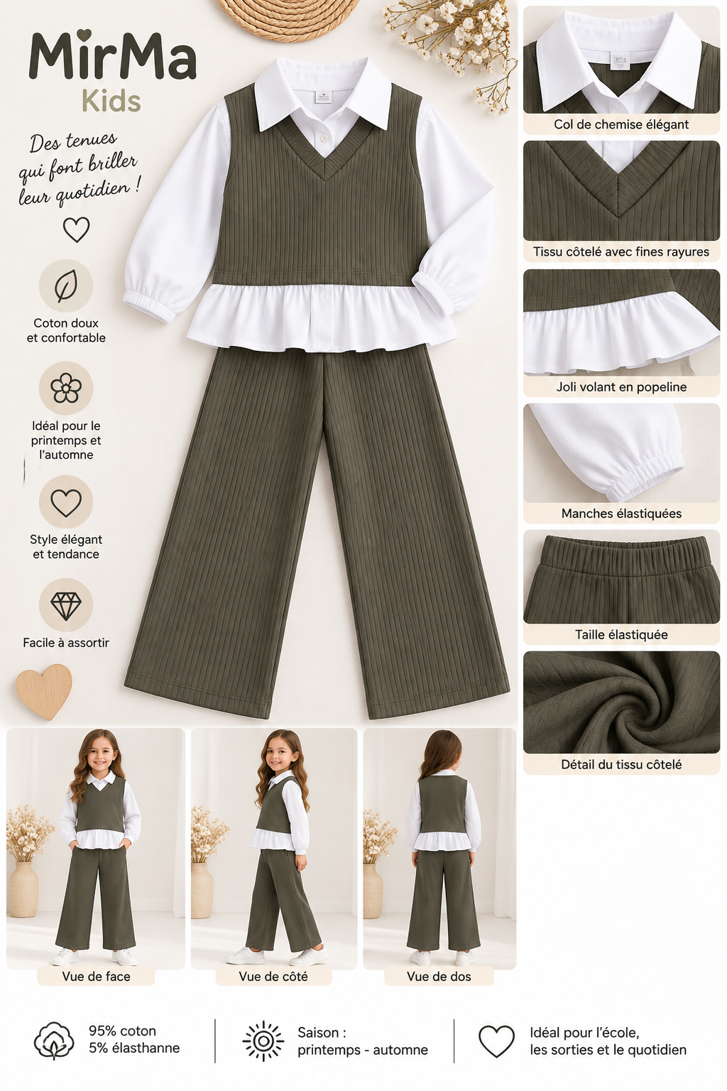 Ensemble fille 2 pièces effet chemise – Kaki côtelé & blanc – Printemps/Automne