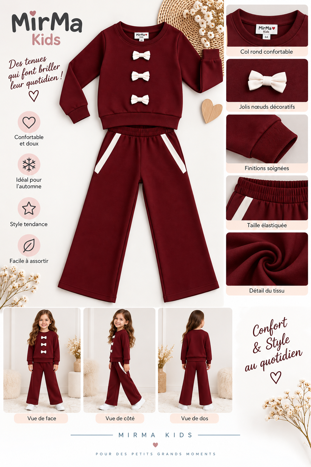 Ensemble fille 2 pièces avec nœuds – Bordeaux – Automne