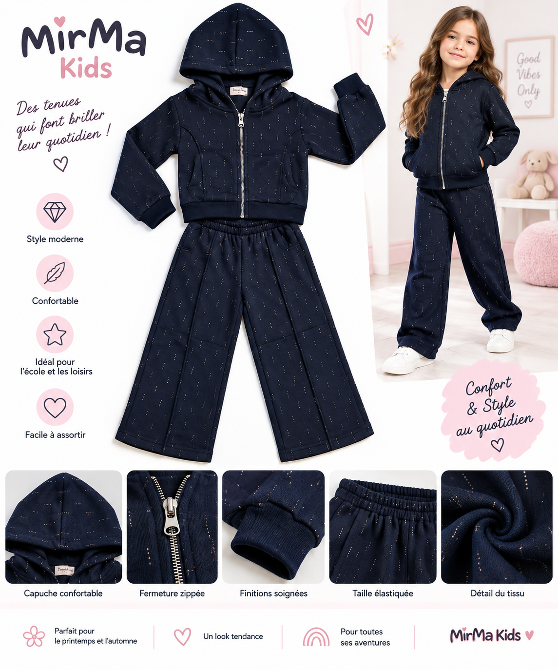 Ensemble fille 2 pièces à capuche – Bleu marine ✨