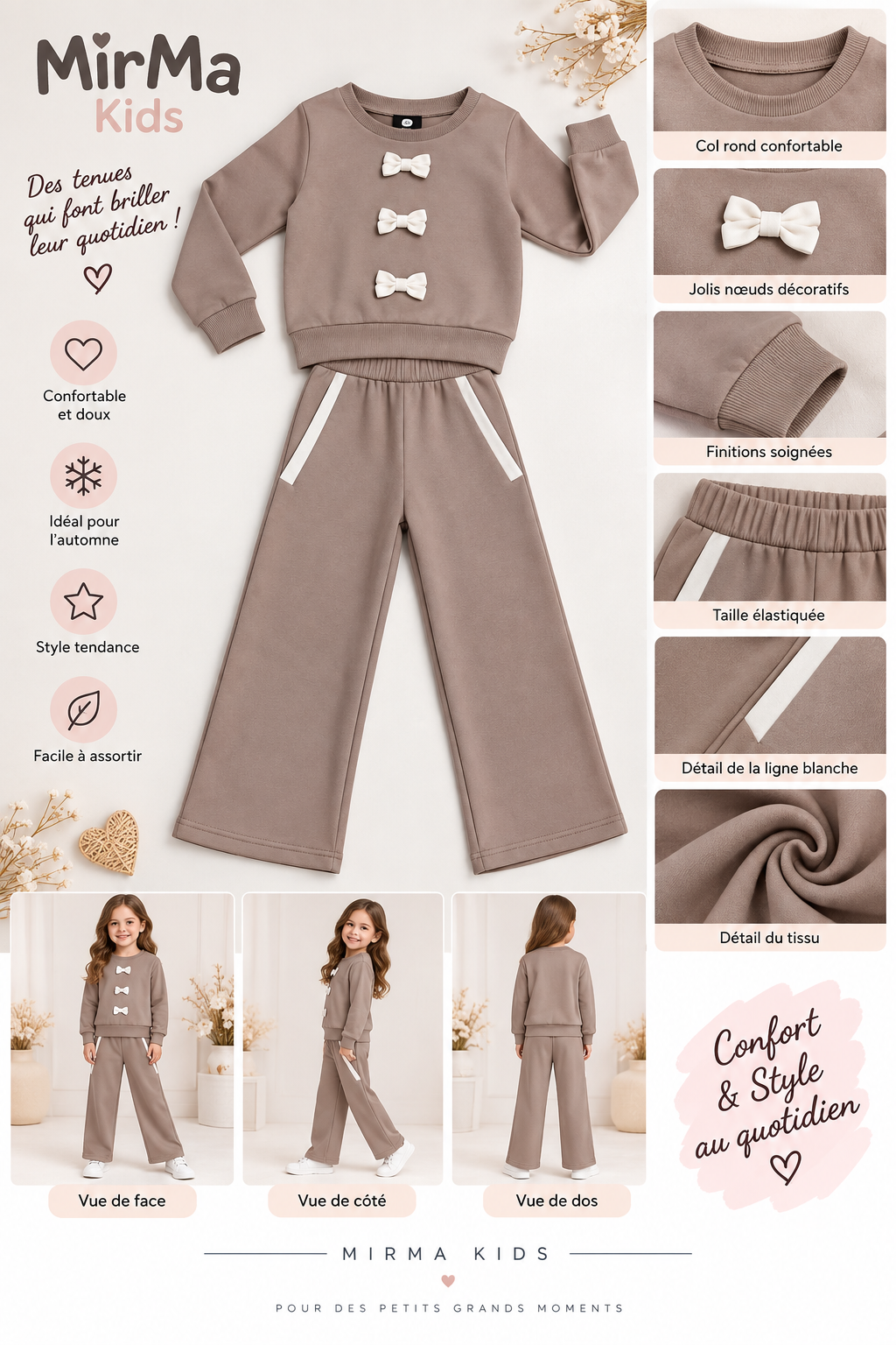 Ensemble fille 2 pièces avec nœuds – Beige taupe – Automne