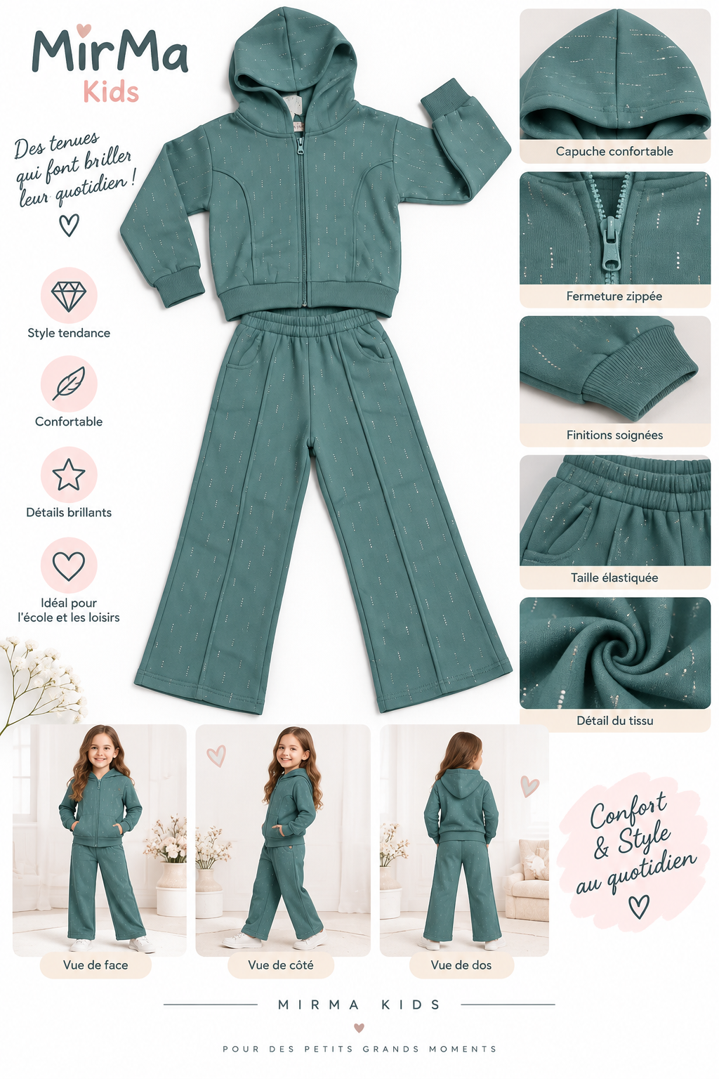 Ensemble fille 2 pièces à capuche – Vert ✨