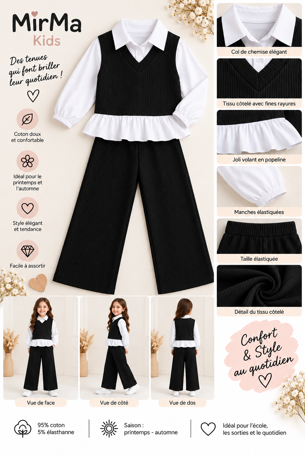 Ensemble fille 2 pièces effet chemise – Noir & blanc – Printemps/Automne